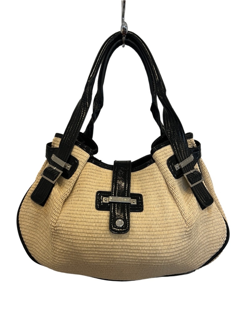 White House Black Market Woven Straw Shoulder Bag with Black Patent Leather Trim